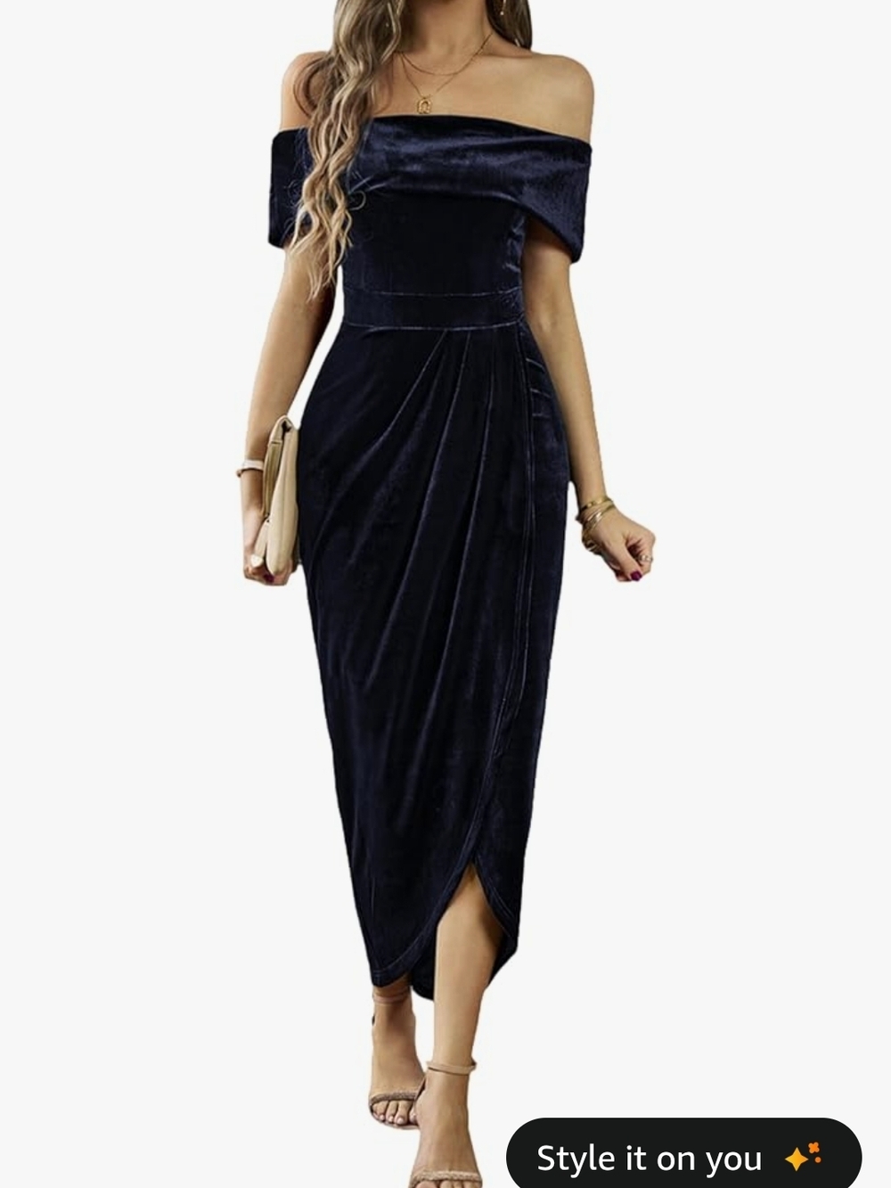 Off-Shoulder Velvet Midi Dress in Navy